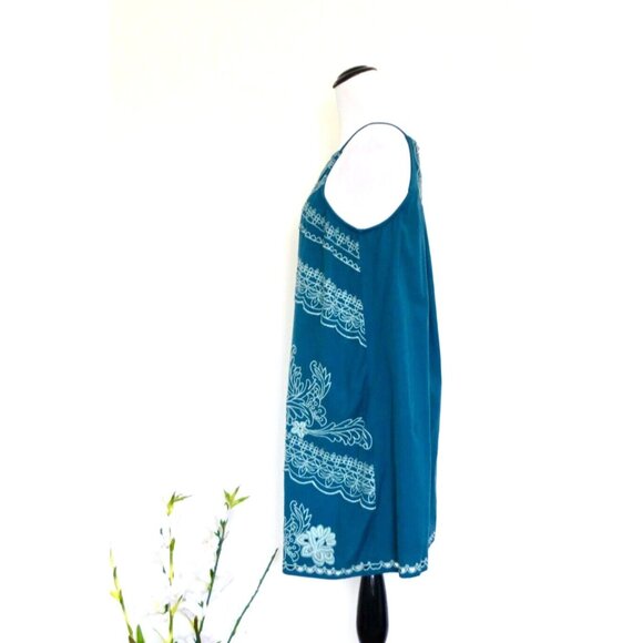 Anthropologie Floreat Boho Embroidered Sleeveless Swing Mini Dress Blue Green 6 - Picture 4 of 8
